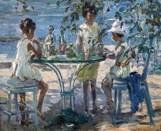 § Attributed to Dorothea Sharp (1874-1955) Children beside a cafe table 19.25 x 23.25in.